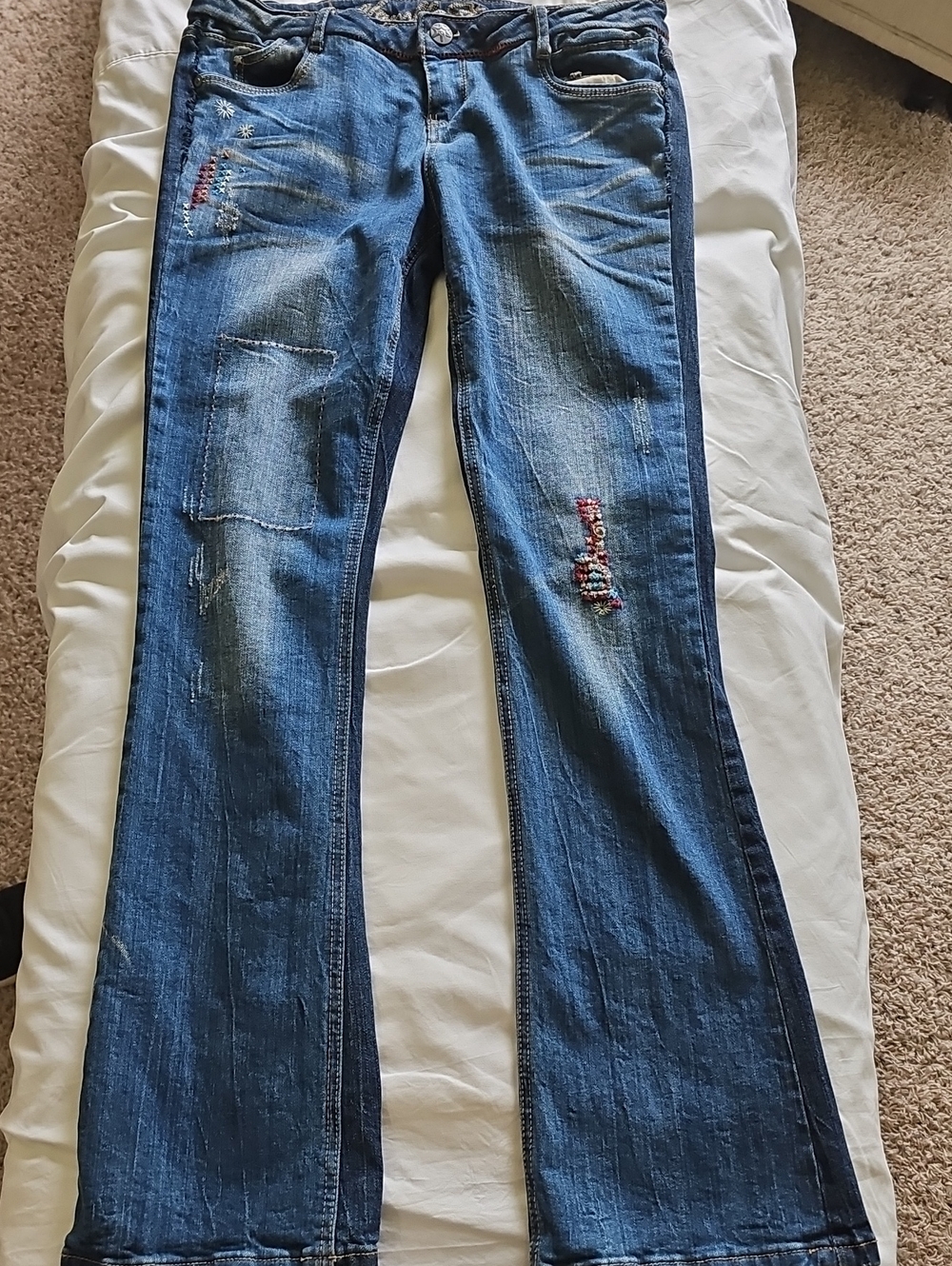 Vanilla Star 2-tone Blue Distressed Flare Jeans with Embroidered Accents